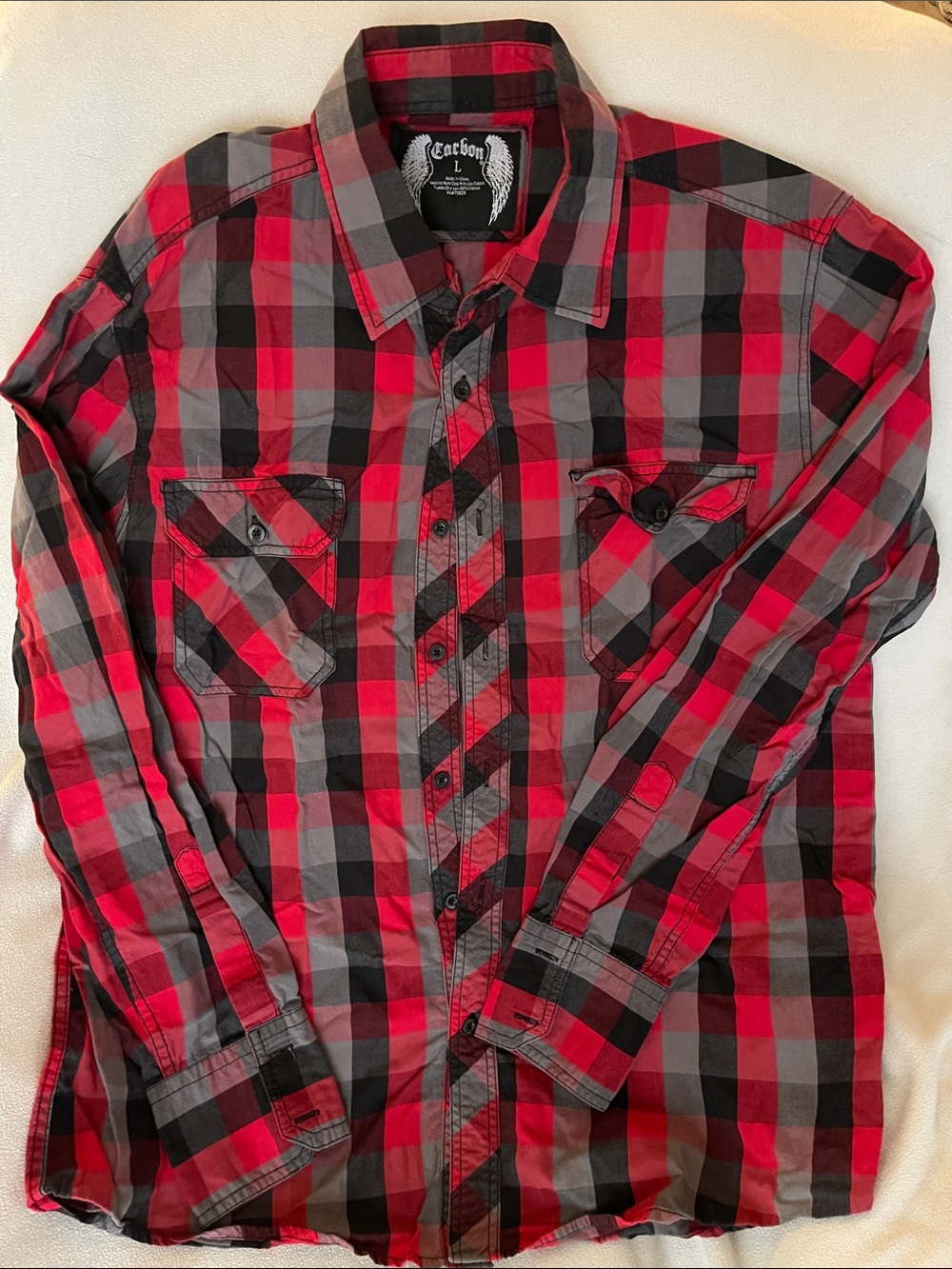Carbon Red & Gray Plaid Men's Button-Down Shirt large